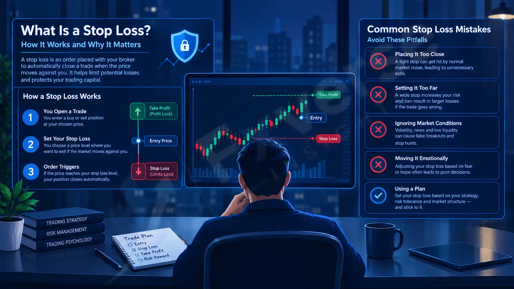 Forex trading chart showing a stop loss line placed below a trade entry point on a dark blue background.